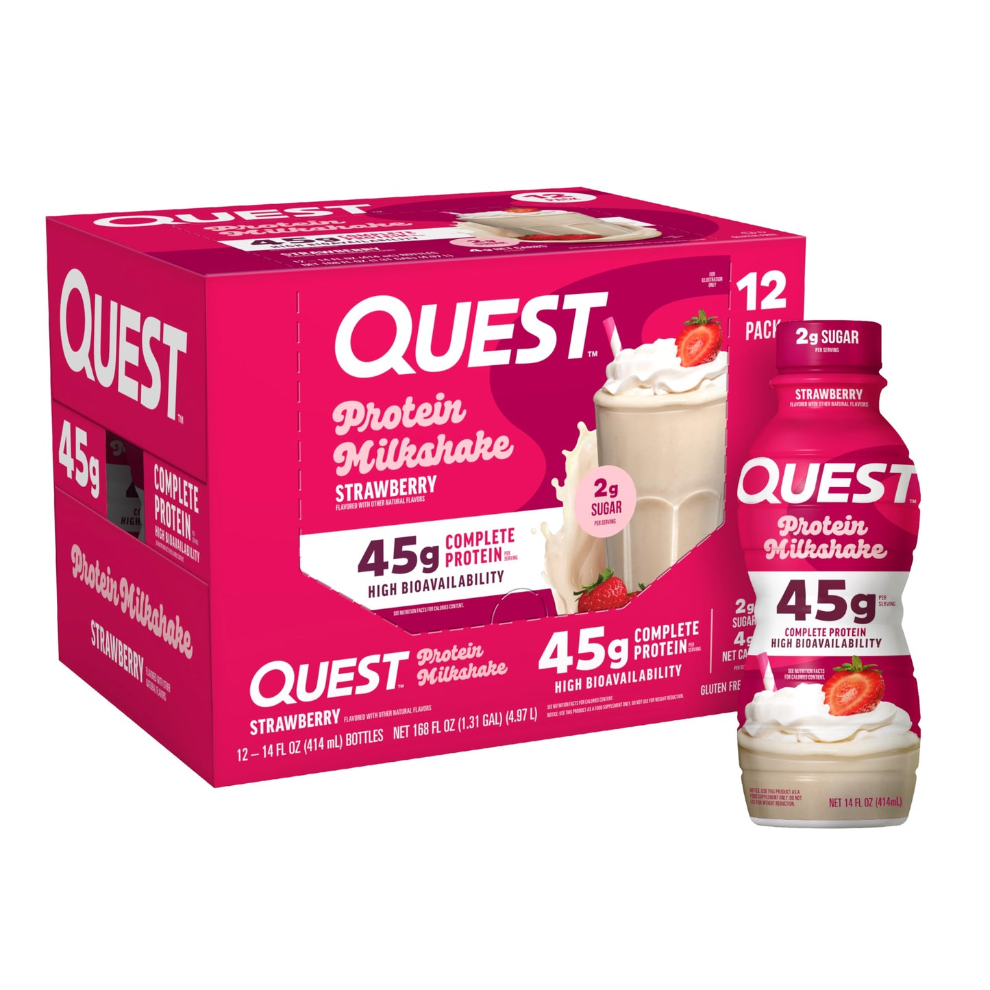 Quest Nutrition Chocolate Protein Shake, 45g Protein, 2g Sugar, 4g Net Carbs, Ready to Drink, Gluten Free, 12 Count | 45g Complete Protein, Ready to Drink, 4g Net Carbs, Gluten Free, Ultrafiltered Nonfat Milk, High Protein, 14 Fl Oz Bottles