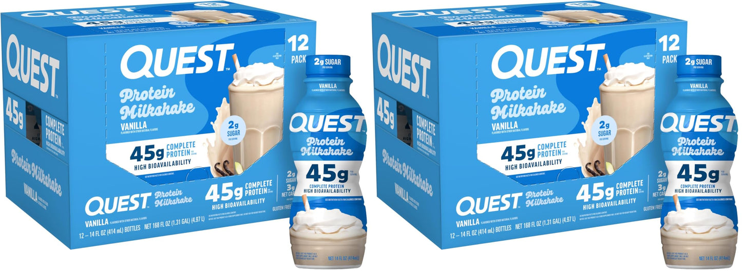 Quest Nutrition Chocolate Protein Shake, 45g Protein, 2g Sugar, 4g Net Carbs, Ready to Drink, Gluten Free, 12 Count | 45g Complete Protein, Ready to Drink, 4g Net Carbs, Gluten Free, Ultrafiltered Nonfat Milk, High Protein, 14 Fl Oz Bottles