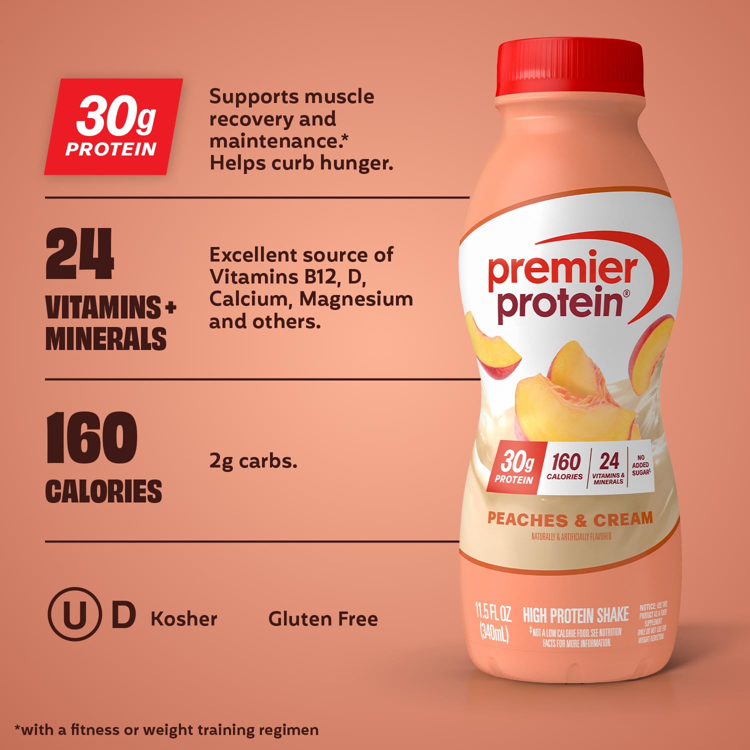 Premier Protein 30g High Protein Shake, Peaches & Cream, 12 Pack