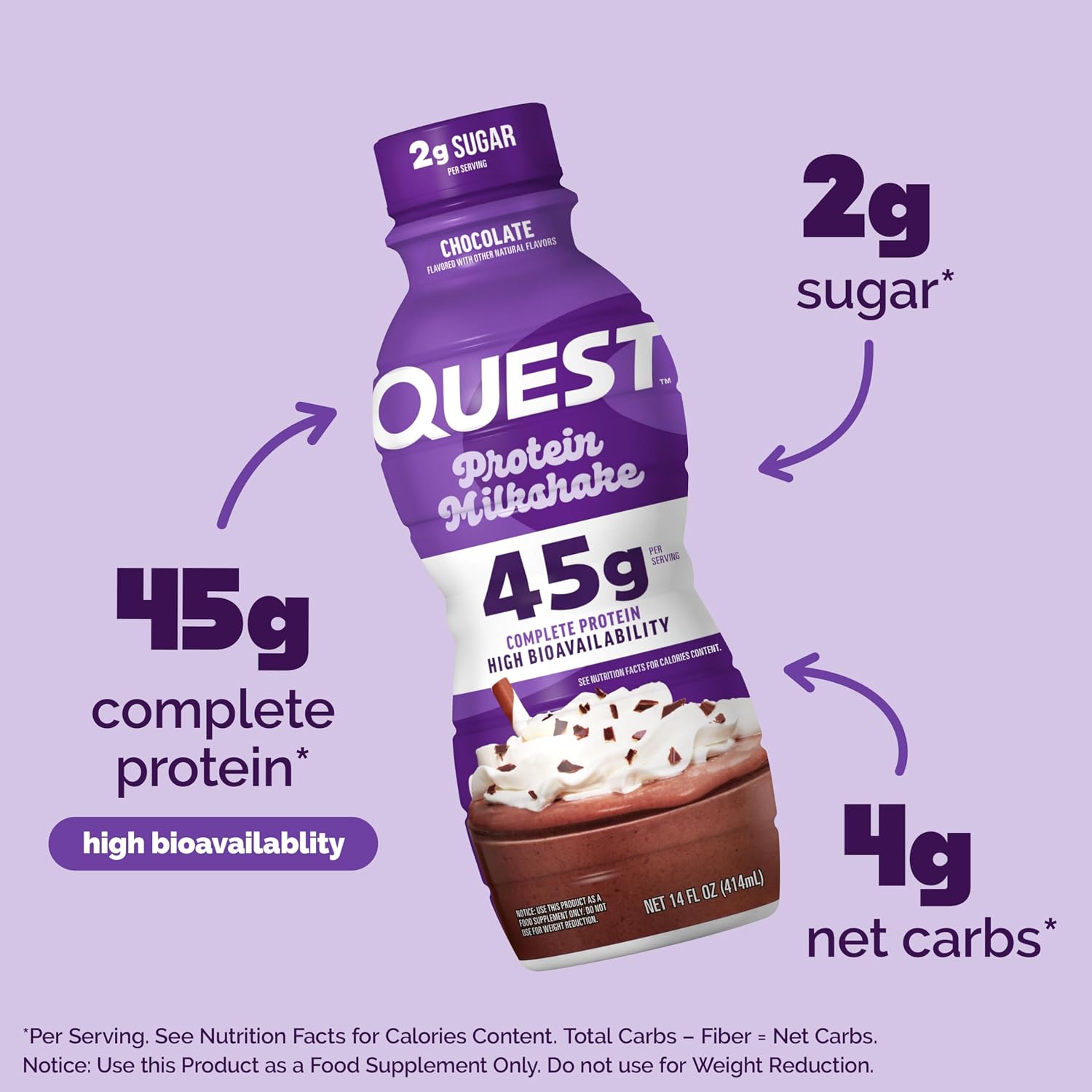 Quest Nutrition Chocolate Protein Shake, 45g Protein, 2g Sugar, 4g Net Carbs, Ready to Drink, Gluten Free, 12 Count | 45g Complete Protein, Ready to Drink, 4g Net Carbs, Gluten Free, Ultrafiltered Nonfat Milk, High Protein, 14 Fl Oz Bottles