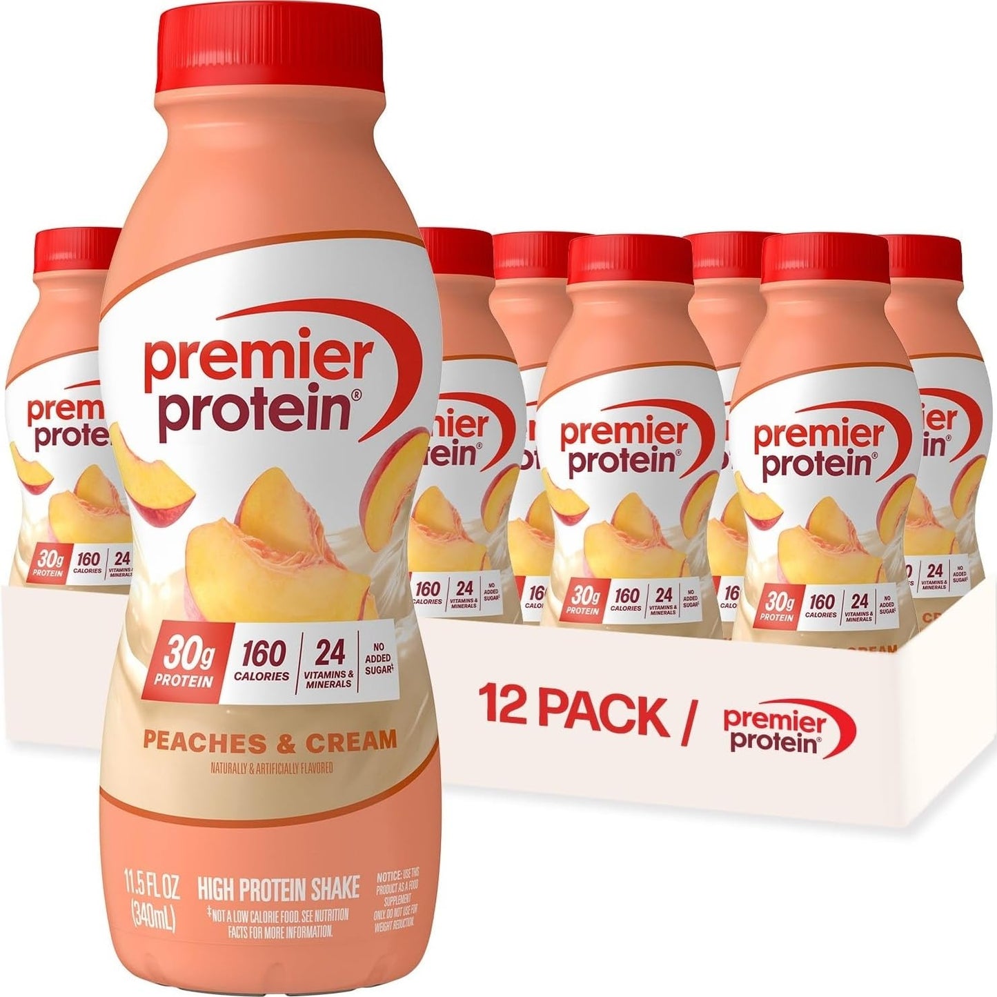 Premier Protein 30g High Protein Shake, Peaches & Cream, 12 Pack
