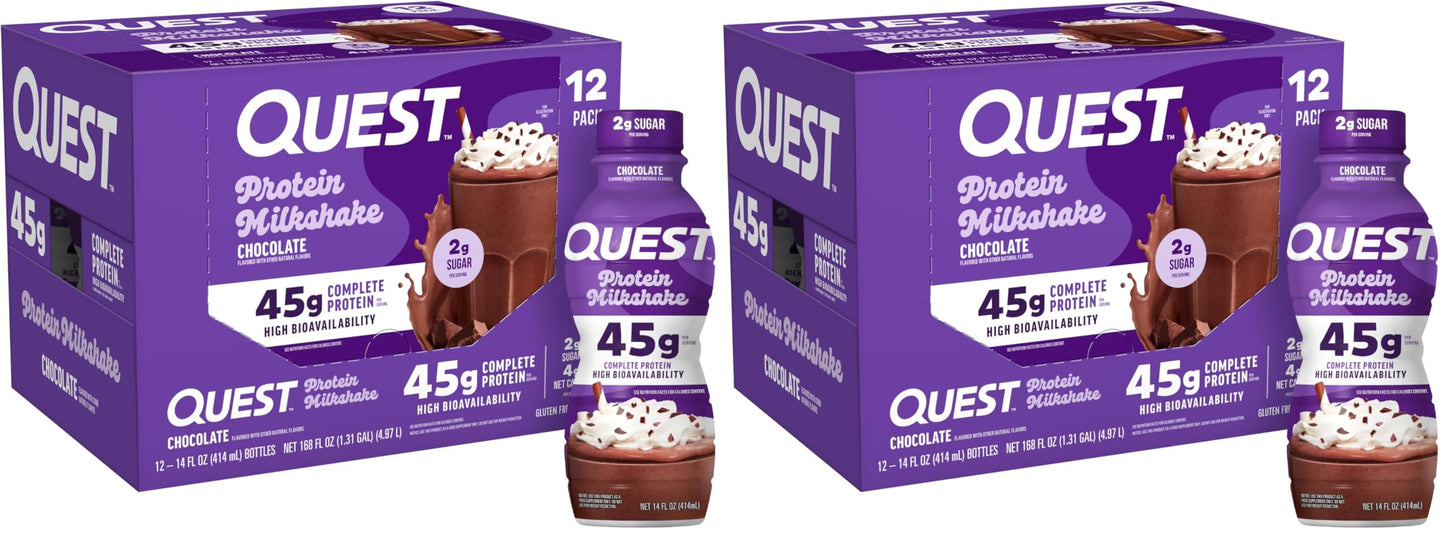 Quest Nutrition Chocolate Protein Shake, 45g Protein, 2g Sugar, 4g Net Carbs, Ready to Drink, Gluten Free, 12 Count | 45g Complete Protein, Ready to Drink, 4g Net Carbs, Gluten Free, Ultrafiltered Nonfat Milk, High Protein, 14 Fl Oz Bottles