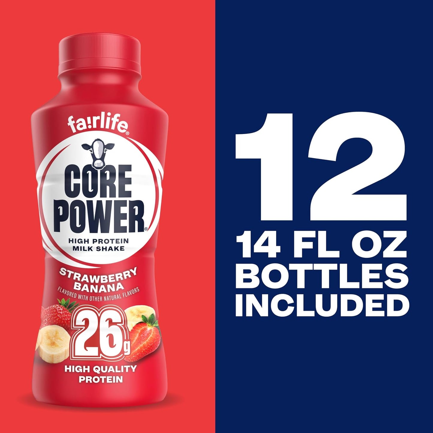 Core Power Protein Shake, Strawberry Banana, 26g Bottle, 14oz, 12 Pack