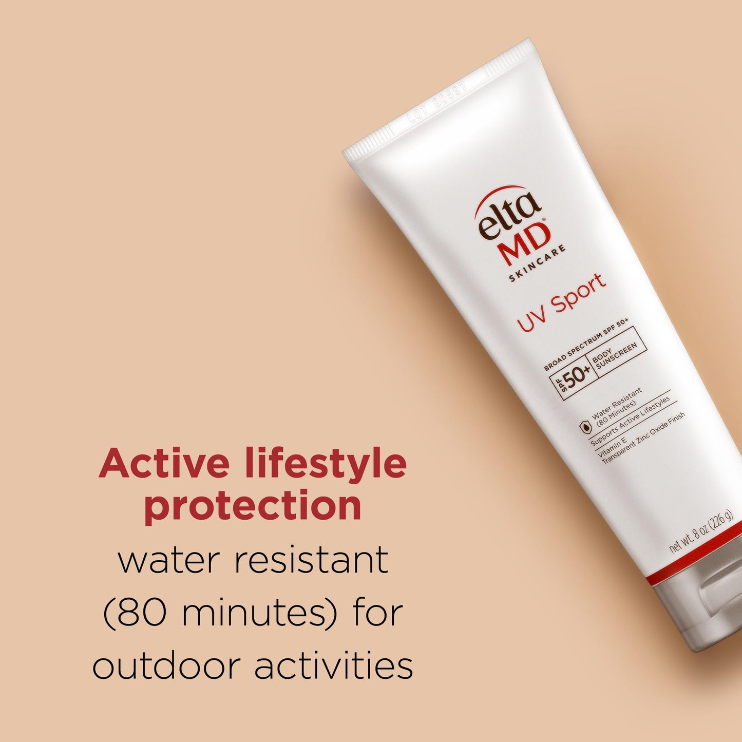 EltaMD UV Sport Sunscreen Lotion, SPF 50 Body Sunscreen, Water and Sweat Resistant, Oil-Free, Zinc Oxide Formula, 8 oz Tube