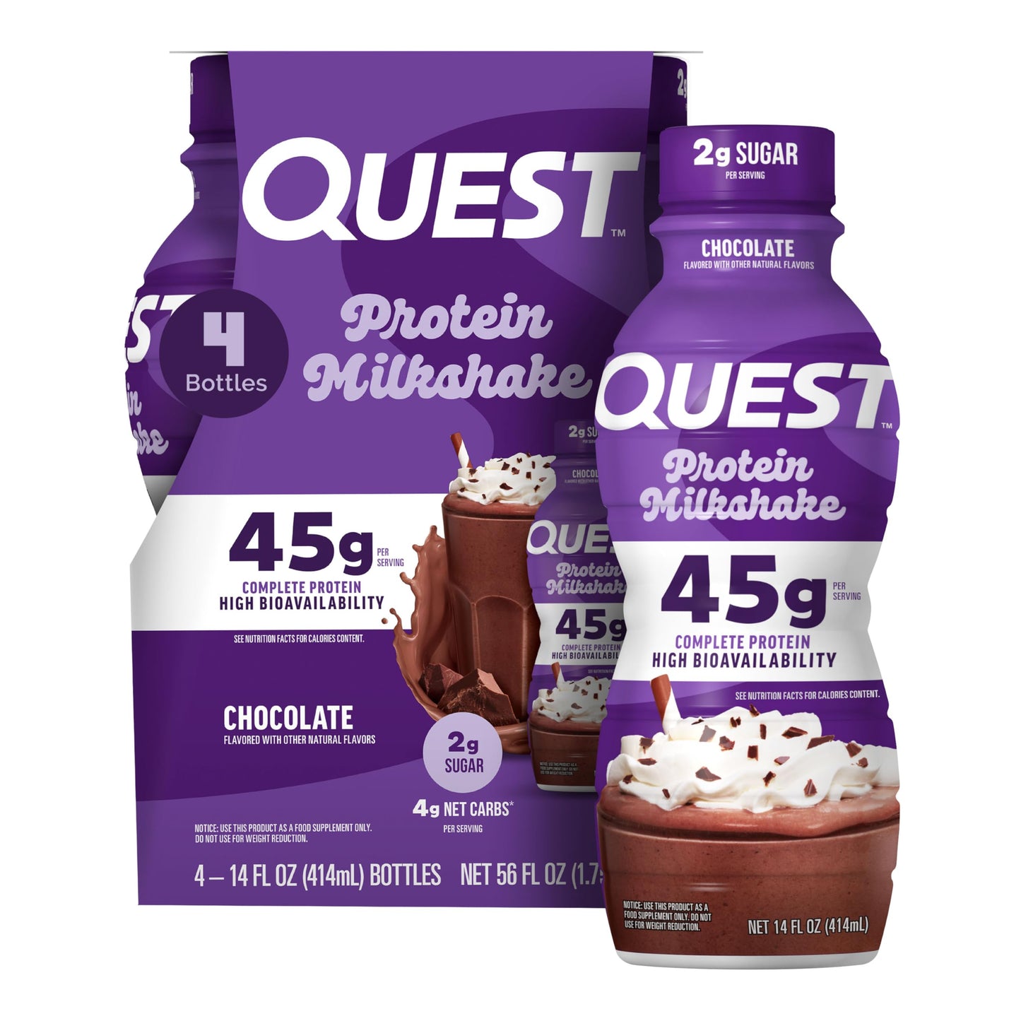 Quest Nutrition Chocolate Protein Shake, 45g Protein, 2g Sugar, 4g Net Carbs, Ready to Drink, Gluten Free, 12 Count | 45g Complete Protein, Ready to Drink, 4g Net Carbs, Gluten Free, Ultrafiltered Nonfat Milk, High Protein, 14 Fl Oz Bottles