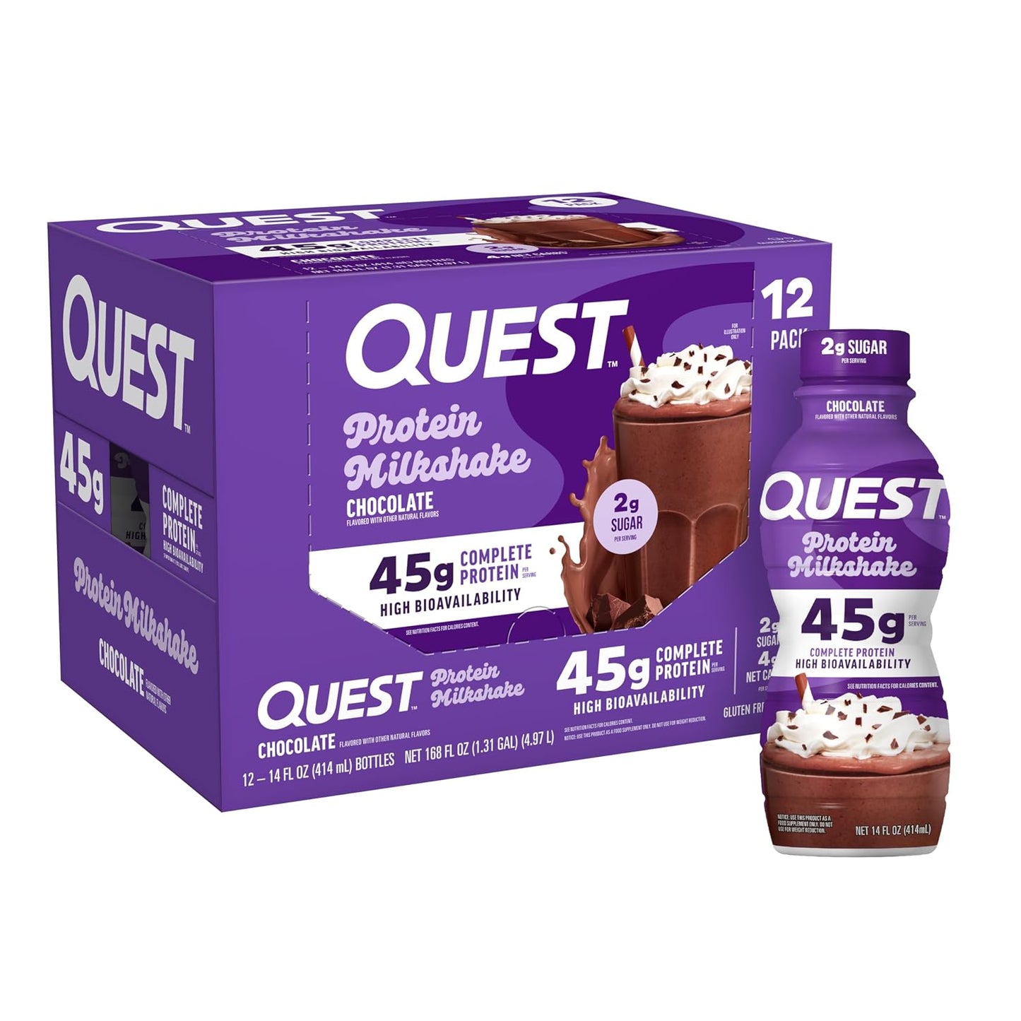 Quest Nutrition Chocolate Protein Shake, 45g Protein, 2g Sugar, 4g Net Carbs, Ready to Drink, Gluten Free, 12 Count | 45g Complete Protein, Ready to Drink, 4g Net Carbs, Gluten Free, Ultrafiltered Nonfat Milk, High Protein, 14 Fl Oz Bottles