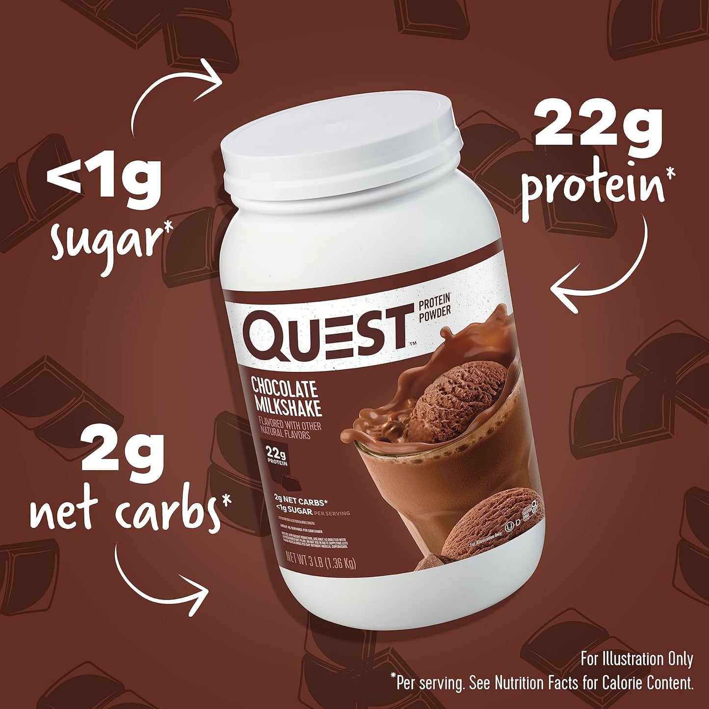 Quest Chocolate Milkshake Protein Powder, 22g Protein, 3 Pound | 43 Servings, 2g Net Carbs, <1g Sugar, Low Carb, Gluten Free