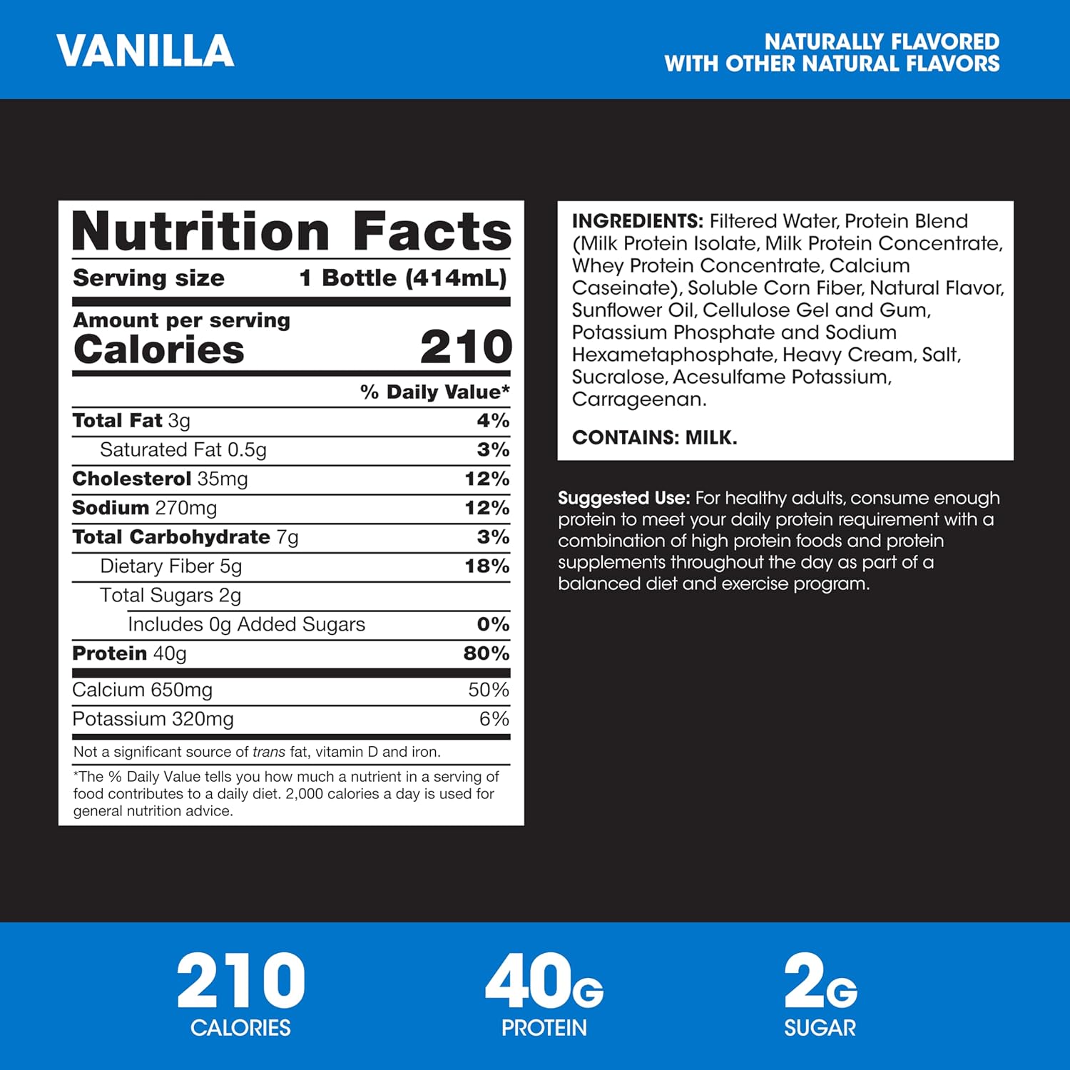 Optimum Nutrition 40g Protein Shake, Vanilla, 14 Fl Oz, 12 Ct | Naturally Flavored, On The Go Complete Protein Drink, Supports Muscle Recovery, 40g of Protein per Serving, Gluten Free