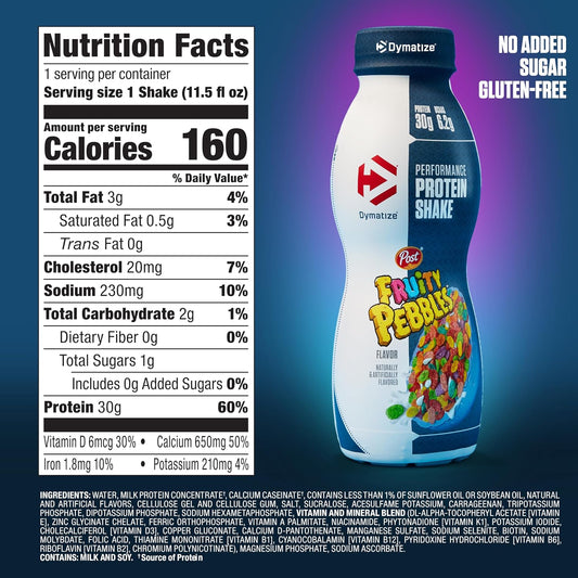 Dymatize Performance Protein Shake, Fruity Pebbles, 30g Protein, 6.2g BCAA for Muscle Recovery, No Added Sugar, Low Fat, 24 Vitamins and Minerals, Gluten-Free, Ready to Drink, On-the-Go Snack, 11.5fl oz, 12 pack