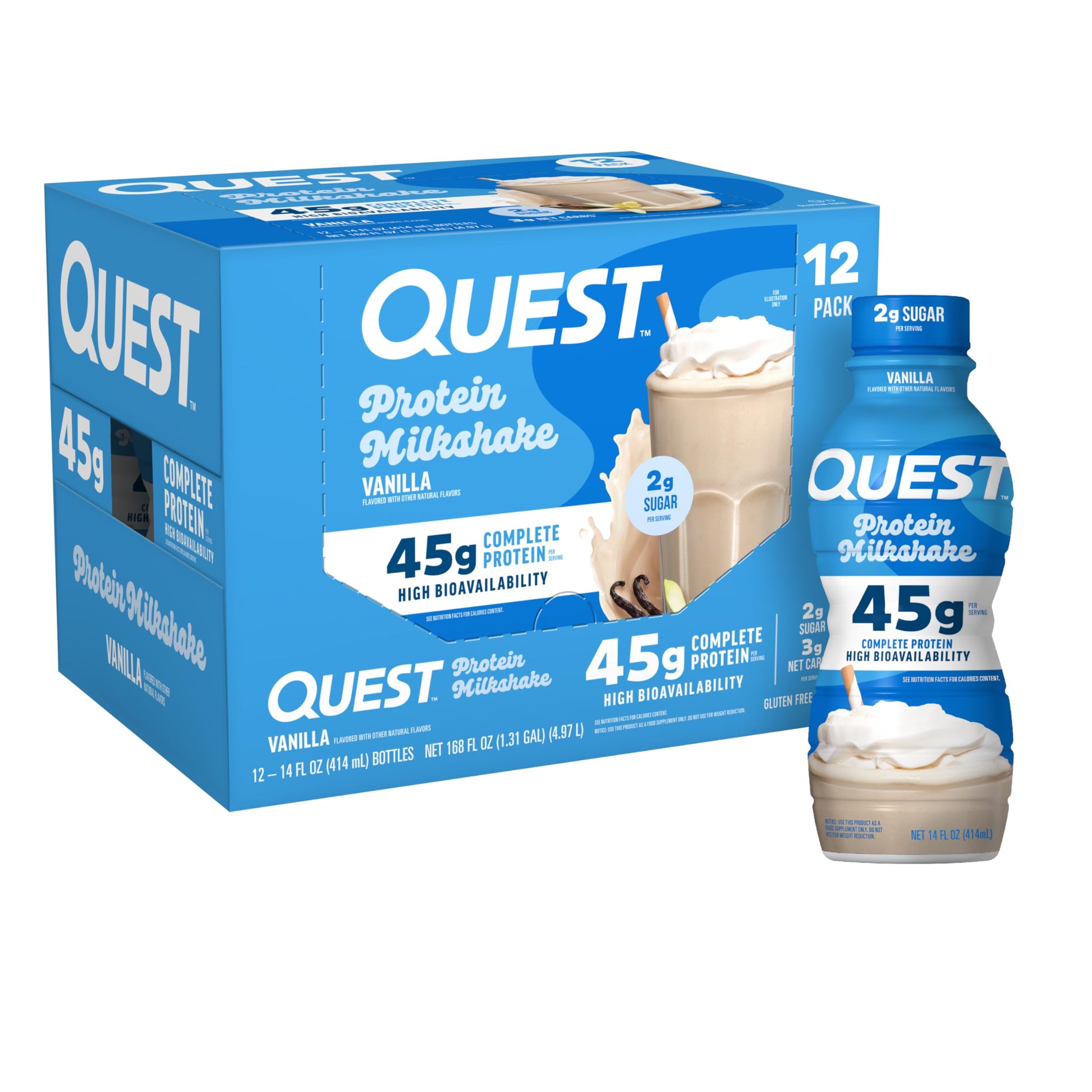 Quest Nutrition Chocolate Protein Shake, 45g Protein, 2g Sugar, 4g Net Carbs, Ready to Drink, Gluten Free, 12 Count | 45g Complete Protein, Ready to Drink, 4g Net Carbs, Gluten Free, Ultrafiltered Nonfat Milk, High Protein, 14 Fl Oz Bottles