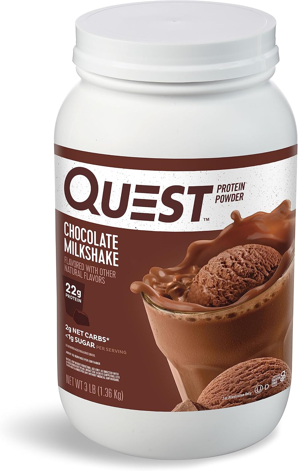 Quest Chocolate Milkshake Protein Powder, 22g Protein, 3 Pound | 43 Servings, 2g Net Carbs, <1g Sugar, Low Carb, Gluten Free