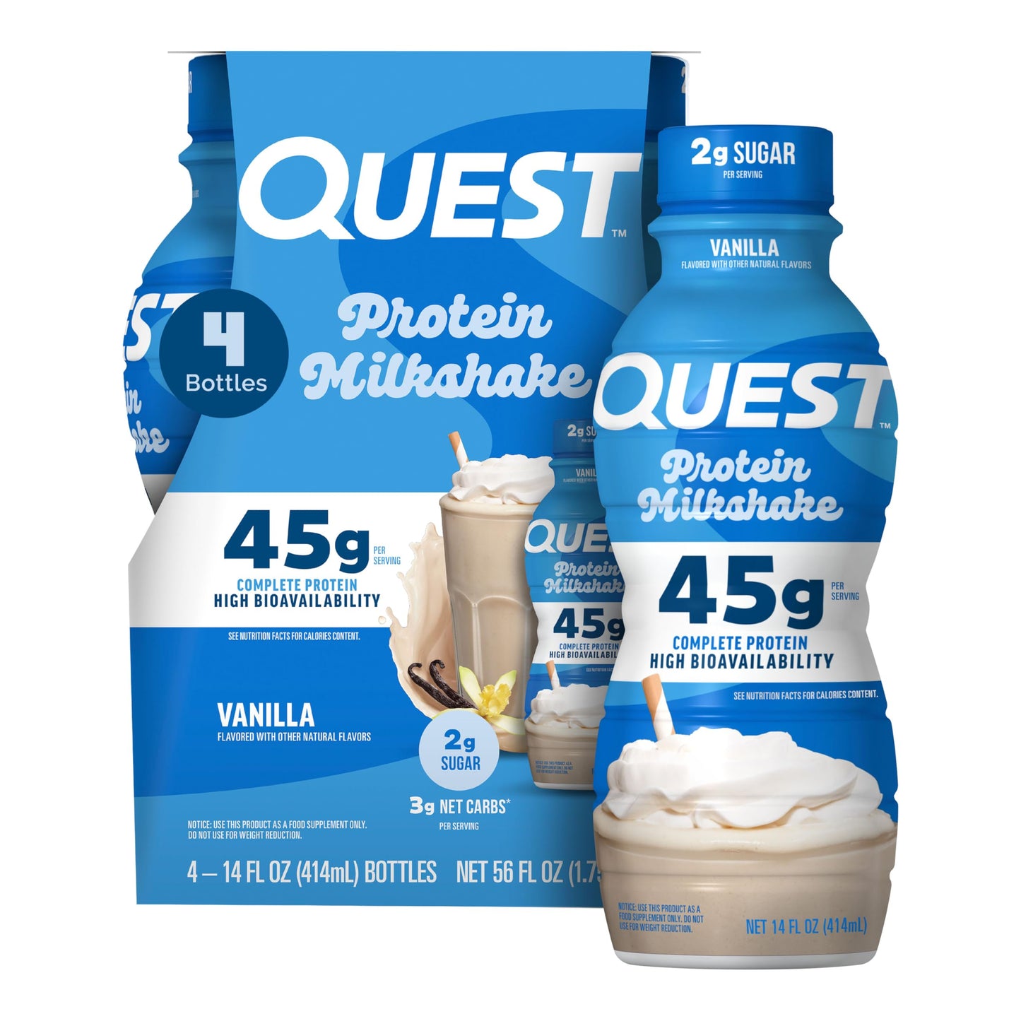 Quest Nutrition Chocolate Protein Shake, 45g Protein, 2g Sugar, 4g Net Carbs, Ready to Drink, Gluten Free, 12 Count | 45g Complete Protein, Ready to Drink, 4g Net Carbs, Gluten Free, Ultrafiltered Nonfat Milk, High Protein, 14 Fl Oz Bottles