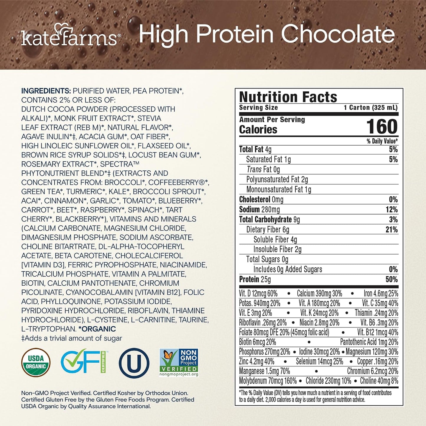 KATE FARMS Organic High Protein Chocolate Shake, 25g Protein, 12 Pack