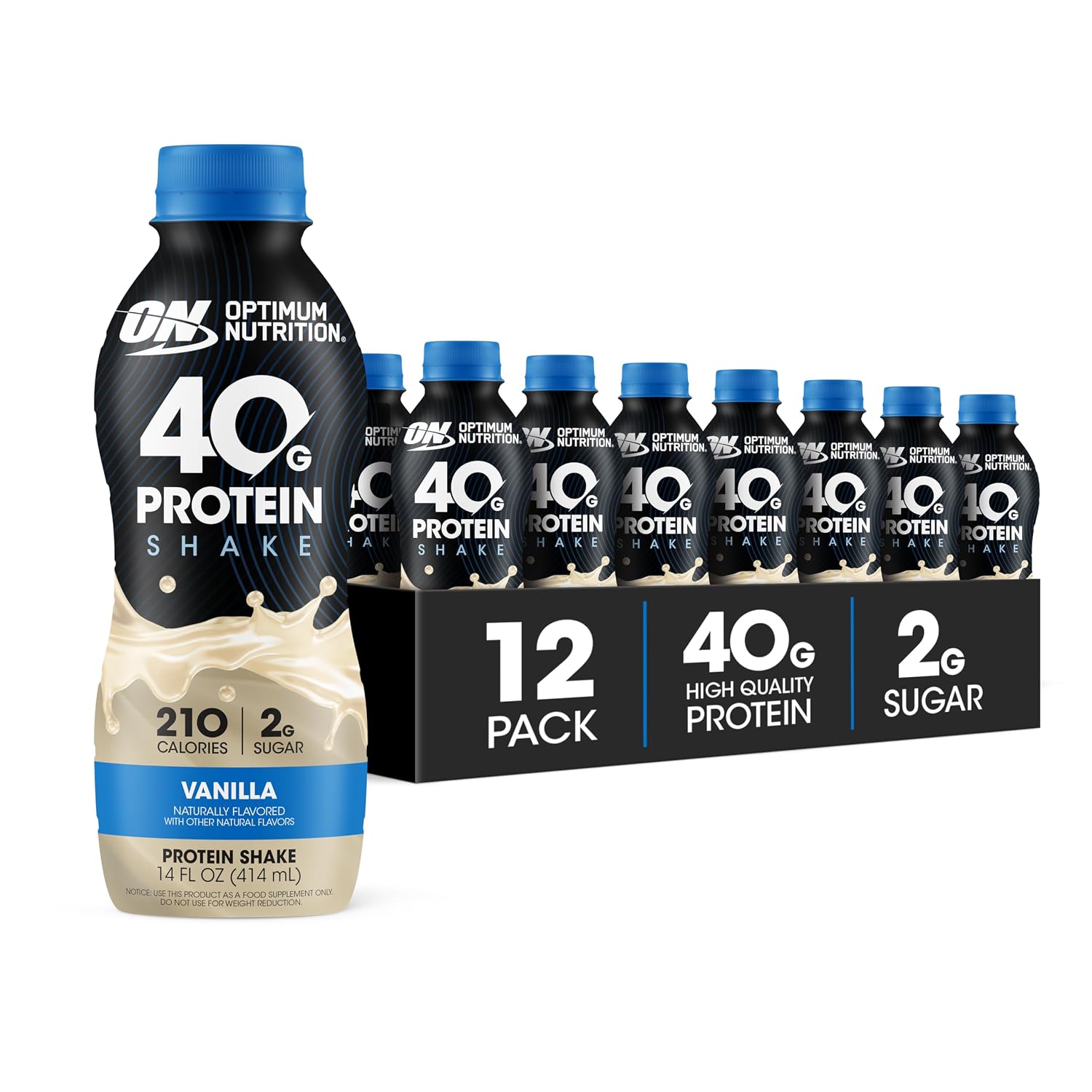Optimum Nutrition 40g Protein Shake, Vanilla, 14 Fl Oz, 12 Ct | Naturally Flavored, On The Go Complete Protein Drink, Supports Muscle Recovery, 40g of Protein per Serving, Gluten Free