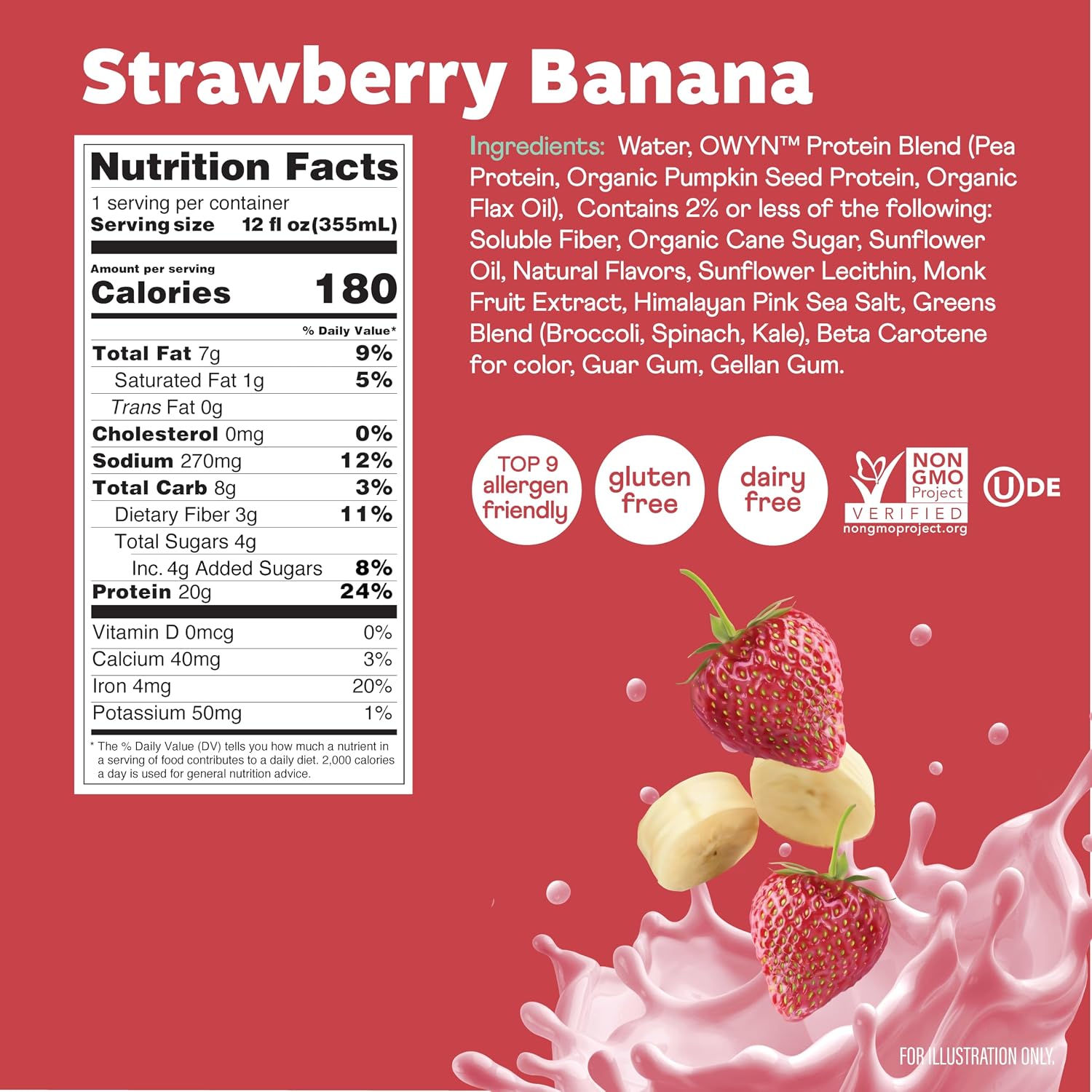 OWYN Only What You Need Strawberry Banana Flavored 20g Protein Shake, 12 Ct