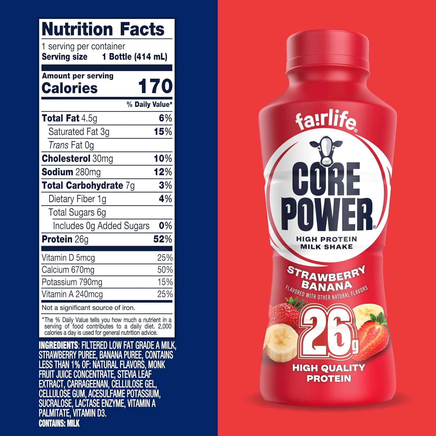 Core Power Protein Shake, Strawberry Banana, 26g Bottle, 14oz, 12 Pack