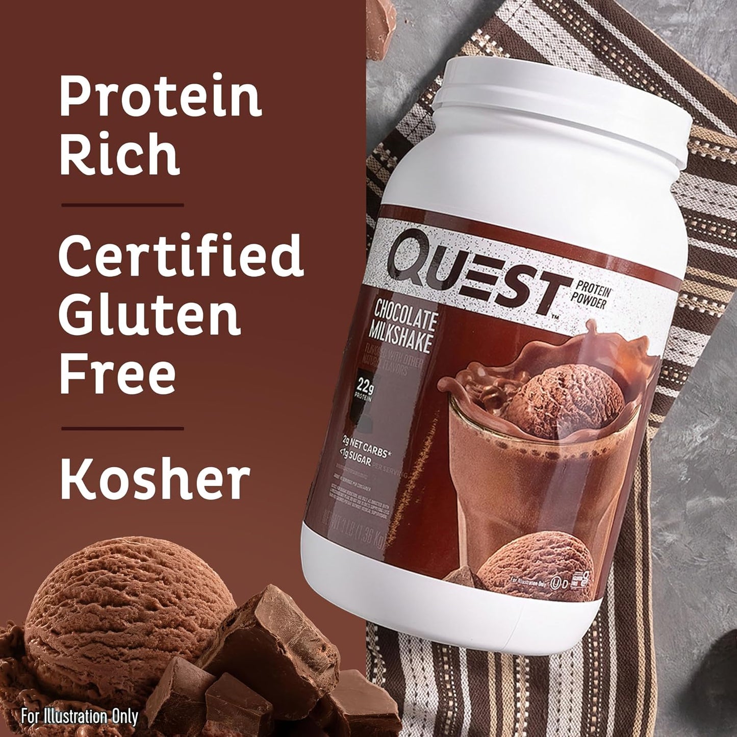 Quest Chocolate Milkshake Protein Powder, 22g Protein, 3 Pound | 43 Servings, 2g Net Carbs, <1g Sugar, Low Carb, Gluten Free